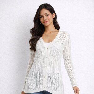 Lafayette 148 White Open Knit Cardigan Size XL Lightweight Button Front Sweater